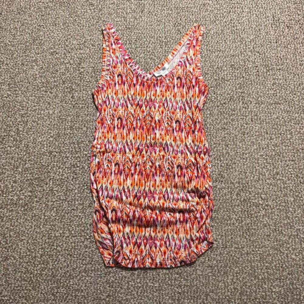 Motherhood Maternity Tank Top Orange Pink Ikat Print Ruched Size Medium